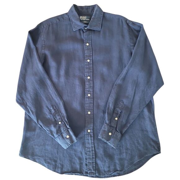 Vintage Polo Ralph Lauren Linen Regent Classic Fit Navy Shirt XL - Picture 2 of 9